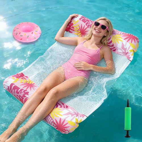 Colchoneta Piscina Adultos Inflable, Hamaca de Agua para Juegos de Agua | 4 en 1 Hamaca Flotante Piscina con Bomba y Flotador Inflable Posavasos para Bebidas, Flotadores Piscina para Juegos de Playa