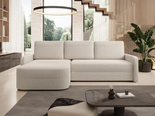GRAINGOLD Arvento Ecksofa mit Schlaffunktion und Bettfunktion, 250x170 cm, L-Form Sofa, Schlafcouch für Wohnzimmer, Chenille-Stoff, 3-Sitzer Eckcouch, Ecksofa mit Stauraum (Beige)