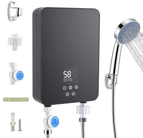 Calentador de agua eléctrico, 5500 W, mini calentador de agua instantáneo, kit de ducha con ducha de mano, indicador de temperatura LED para ducha, baño, cocina