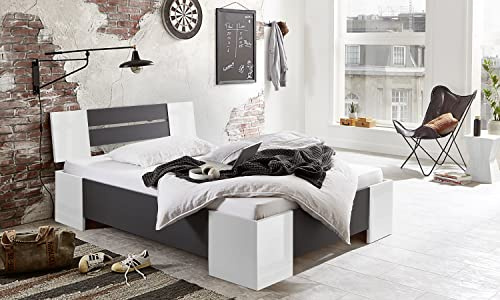 moebel-dich-auf Futonbett LINZ 140 x 200 Schlafzimmerbett Bett in 2 Farben optional mit Lattenrost (weiß Hochglanz/anthrazit, ohne Rollrost)