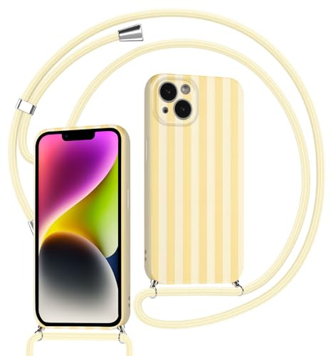 Kueqeay Coque avec Cordon pour iPhone 13 avec Aesthetic Motif Striped Dessin Jaune Case, Silicone étui Fille Femme avec Collier Lanyard Corde Housse de Bumper Protection, 06