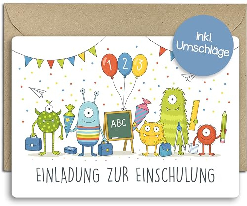 brint.® | 12x Einladungskarten Einschulung mit Umschlägen | Junge & Mädchen | Monster | Einladung zur Einschulungsfeier 1. Klasse | Schulanfang Schulbeginn Schulstart Schultüte Schuleinführung