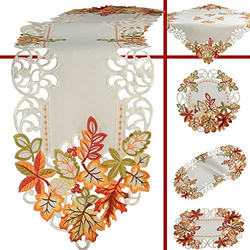Herbst Tischläufer Tischdecke Weiß gestickt mit bunten Blätter Mitteldecke Deckchen (ca. 85 x 85 cm)