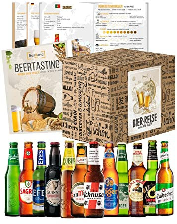 [ Boxiland ] Biere der Welt (12 Flaschen) internationale Spezialitäten zum verschenken (Bier + Tasting-Anleitung + Bierbroschüre + Brauereigeschenke + Geschenkkarton)