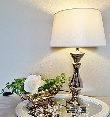 DRULINE Keramik Tischlampe LOVELY 60 cm, Fuß Silber, Schirm Weiß | Lampenfuß, Lampenschirm, Nachttischlampe, Tischleuchte