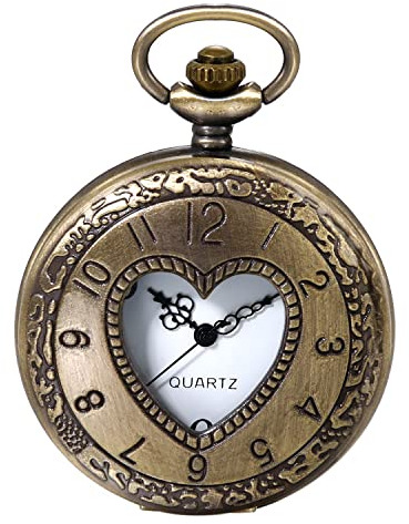 JewelryWe Taschenuhr Damen Herren Retro Vintage Herz Analog Quarz Uhr mit Kette Umhängeuhr Pocket Watch Muttertagsgeschenk Bronze