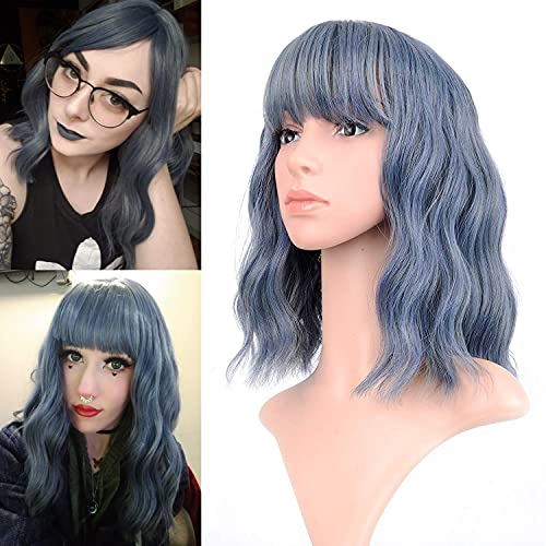 FAELBATY Kurze Bob Blue Perücken mit schulterlangen Air Bangs Damenperücke Curly Wavy Synthetic Cosplay Perücke für Mädchen Halloween Kostüm Perücken (12blaue Farbe)