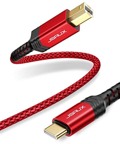 JSAUX Câble d'imprimante USB B vers USB C, en nylon tressé, câble MIDI USB C compatible avec MacBook Pro, HP, Epson, Canon, Brother, Lexmark, Xerox imprimantes et scanners - Rouge - 3 m