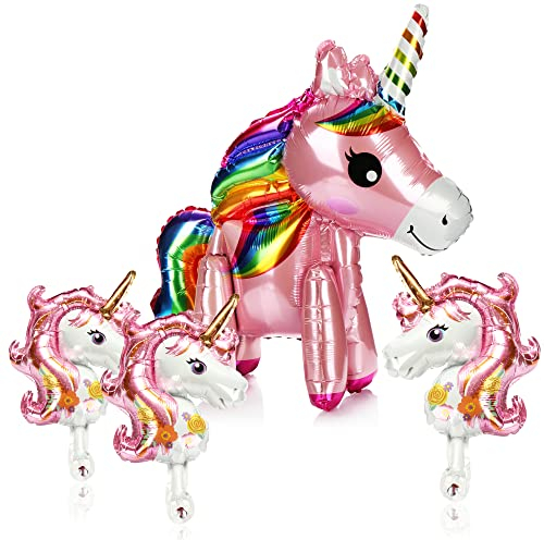 COM-FOUR® 4-teiliges Set Ballons - Folien-Ballon Einhörner - Einhorn-Luftballons in zwei Größen (Set 4-tlg. 1x groß + 3x klein)