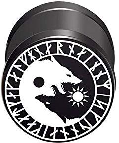 BlackAmazement 316L Edelstahl Fake Plug Piercing Ohrstecker Yin Yang Wolf Germanen Wikinger Kelten Runen Schwarz Weiß 10mm Damen Herren (Modell_2)