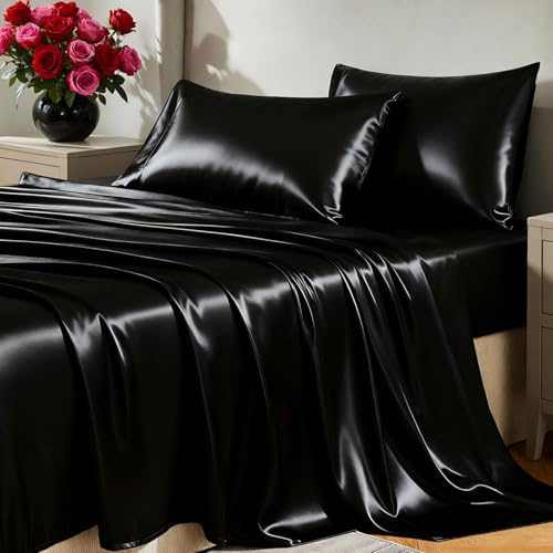 CozyLux Satin Sheets Queen Size Bed Set - 4 Piece Silky Queen Sheet Set, Luxury Black Queen Sheets with Smooth and Soft Microfiber, Includes 1 Fitted Sheet, 1 Flat Sheet and 2 Pillowcases