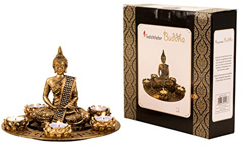 Mel-O-Design Elegantes Buddha Set für Teelichter - Höhe 20 cm/ø 27 cm goldfarben - Deko