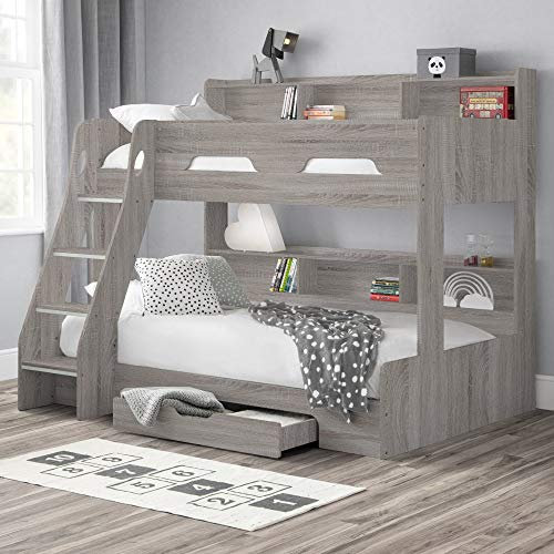 happybeds Wooden Bunk Bed, Orion Grey Oak Triple Sleeper 3ft Single Top, 4ft Small Double Bottom Storage Drawer Frame Only