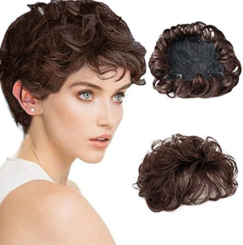 EREE HAIR 15,2 cm kurzes, lockiges Echthaar-Topper, Haarteil für Frauen mit dünner werdendem Haar, dunkelbraun, 110 % Dichte, 13 x 14 cm, Basisgröße, moderne Perücke