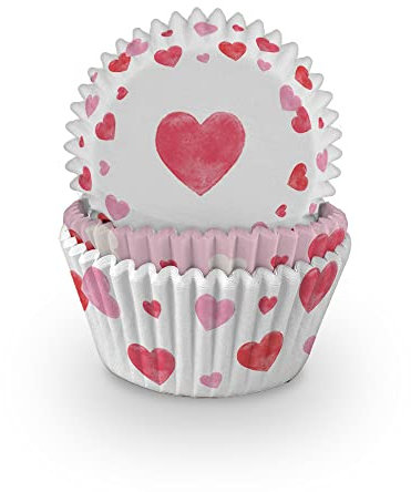 Anniversary House Cupcake Cases, 75 Pieces, Greaseproof Paper Baking Cups, Hearts, J145, White & Pink