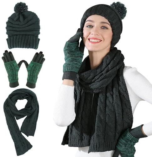 OROOTL Mütze, Schal & Handschuh Sets für Damen Winter, Touchscreen-Handschuhe Bommelmütze Handschuh Gestrickt Beanie Schnee Hut Warme Winterset 3 IN 1 für Mädchen, Frauen