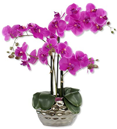 DARO DEKO Kunst-Pflanze Orchidee (ovaler Topf Silber Hochglanz und lila Blüten 53cm)