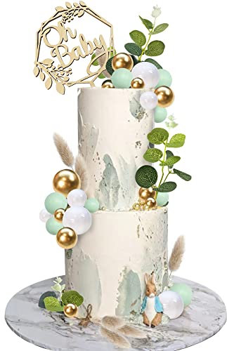 33 PCS Wood Oh Baby Cake Topper Balls Cake Topper Balls Cake Decorations with Artificial Leaves for Baby Shower Newborn Birthday Party Gender Reveal Decorations Cake Party Supplies