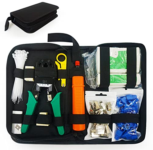 POPYS 9 Piezas + 1 Repuesto Cuchilla Comprobador Cable Red RJ45 - Kit Herramientas Electricista para Comprobar Red y Mantenimiento o Reparación. Bolsa transporte incluída. (9 + 1 (Pila no incluída))