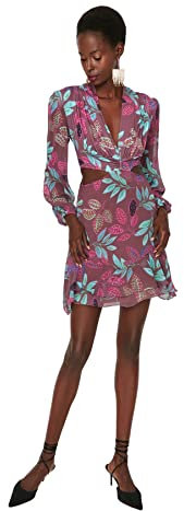 Trendyol Damen Figurbetont Bodycon U-Ausschnitt Gestrickt Kleid, Mehrfarbig, 36