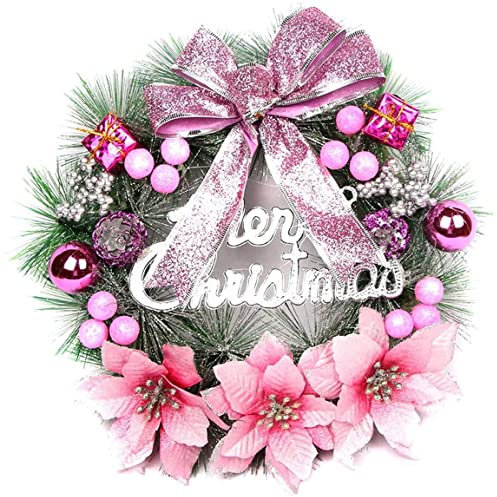 Artificial Christmas Wreath for Front Door, 40cm Xmas Wreath with Bow, Flowers, Pine Cones, Balls for Wall, Fireplace, Window and Xmas Tree Decoration (Pink)