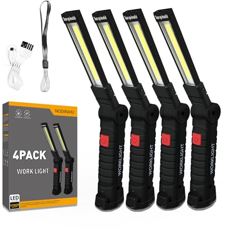 Lot de 4 lampes de travail portables rechargeables avec crochet de suspension à base magnétique, rotation à 360°, 5 modes, LED COB 700 lumens, lampe d'inspection pliable pour réparation de voiture,