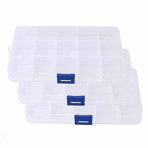 3PCS Jewellery Organizer Jewellery Storage Box Clear Plastic Box Container Storage Box Earring Storage Containers with 15 Grids Adjustable Dividers for Tapes, Craft, Beads, Jewelry, Small Parts