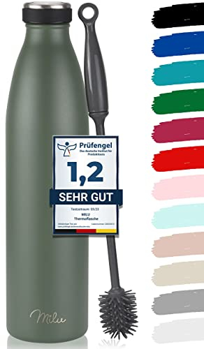 Milu Gourde en acier inoxydable 350 ml 500 ml, 750 ml, 1000 ml, 1,5 l – Bouteille isotherme, bouteille d'eau isolée, double paroi anti-fuite, convient aux acides carboniques (Vert olive, 1500ml)