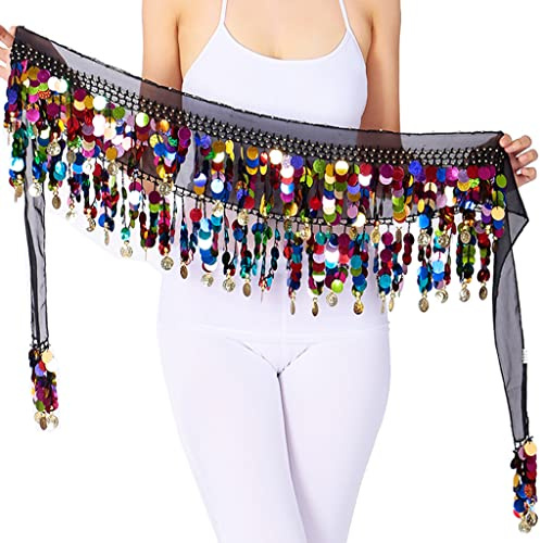 Wuchieal Damen Bauchtanz Hüfttuch Süße Bauchtanz Rock Wrap Performance Bling Pailletten Münzen Bauchtanz Kostüm