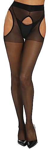 Yilanmy Suspender Tights for Women Sexy Crotchless High Waist Garter Stockings Sheer Suspender Pantyhose (Black,L/XL)