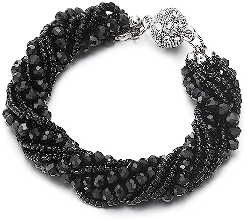 COOLSTEELANDBEYOND Damen Schwarz Kristall Wulst Multi-Strang Armband mit Strass Ball Charme Magnetverschluss