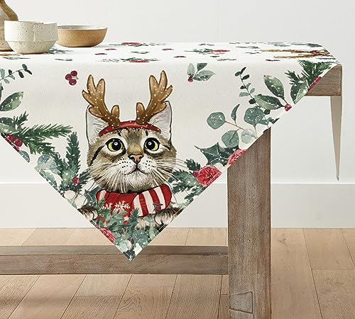 Artoid Mode Holly Eukalyptus Katze Weihnachten Tischdecke, Saisonnal Tischwäsche Winter Küche Tisch Dekoration Drinnen Urlaub Party Dekor 85x85 cm