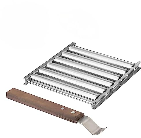 Hot Dog Roller Grill, 16 * 13.6 cm Hot Dog Grill Halter mit Extra Langem Holzgriff 6 Rollen BBQ Wurst Grillgestelle Würstchen Grill Halter, Platz für 5 Hot Dogs Gleichmäßige Hitze, Silber