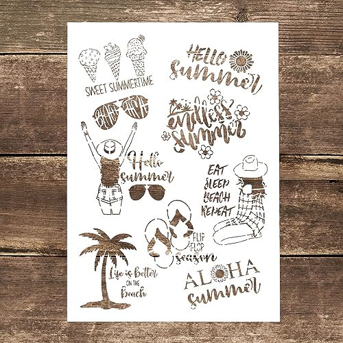 DIY Dekorative Hello Summer Schablone zum Malen auf Leinwand Holz Möbel Bastelpapier (A4 Größe)