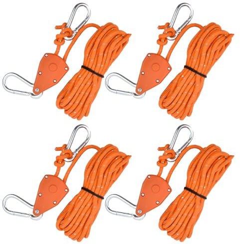 4pcs Reflective Tent Guy Ropes, 4mm Tent Camping Cord with Pulley, Heavy Duty Guide Rope with Aluminum Adjuster, Tent Guy Ropes Lines for Awning Outdoor Camping Gazebo Hiking Picnics (Orange)