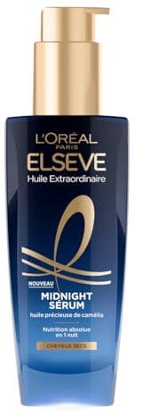 L'Oréal Paris - Sérum Capillaire de Nuit pour Cheveux Secs - Nutrition & Sans Transfert - Huile précieuse de Camélia - Elseve Huile Extraordinaire - 100ml