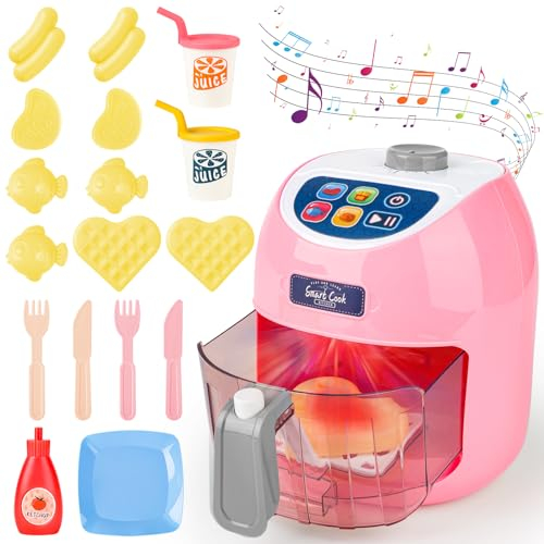 deAO Friteuse à Air, Ensemble de Jeu pour Enfants, Kit de Cuisine avec Sons,Lumières et Accessoires Alimentaires Changeant de Couleur-Set de Jouets de Cuisine pour Garçons et Filles
