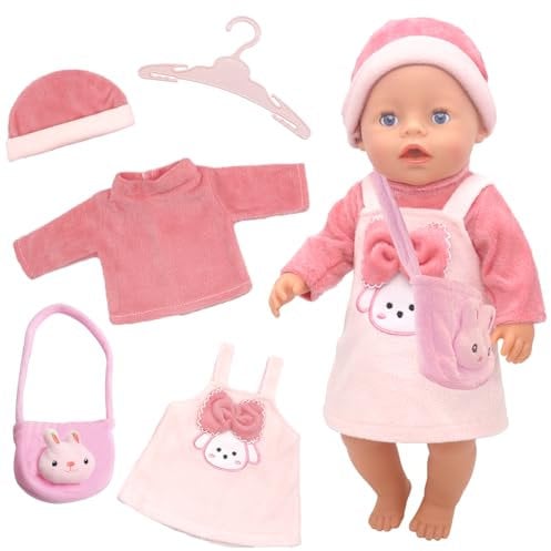 Xerteam Doll Clothes for 14-18 Inch Baby Dolls, Sweet Rabbit Outfits Top Dress Hat Hanger and Bag, Pink Doll Clothes Compatible with 45 cm New Born Baby Dolls Girls Birthday (Rabbit)(No Doll)