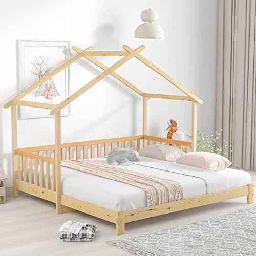 Soweiz Cama de Madera con Forma de casa, Cama Infantil con Valla de Seguridad, con cajones y Compartimentos de almacenaje. (Naturaleza 200x90cm)