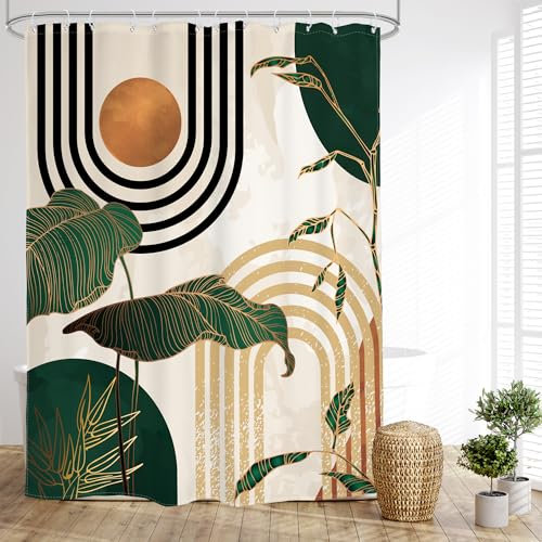 Glawry Boho Green Shower Curtain 54Wx78L Inches Stand Up Stall Mid Century Abstract Tropical Palm Leaf Modern Minimalist Plant Botanical Bathroom Bath Accessories Art Home Decor Fabric 12 Pack Hooks