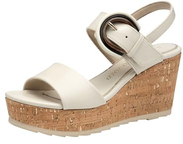 MARCO TOZZI Damen Sandalen mit Keilabsatz mit Klettverschluss Elegant, Beige (Cream), 36 EU