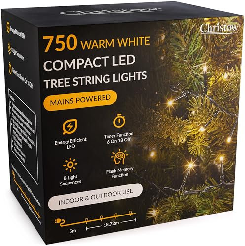 CHRISTOW 6ft Christmas Tree Lights, 750 Warm White LED Fairy Lights with Timer, 8 Light Modes, Energy Efficient 3mm LEDs, Indoor & Outdoor, Mains Powered, Green Cable (18.72m Lit Length)