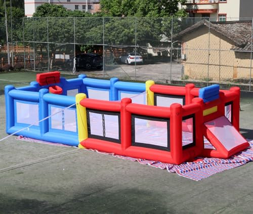 Vinfgoes Blue+Red Inflatable Sports Court Inflatable Soccer Field & Basketball Hoop & Volleyball Field 3 in 1 Multiple Sport Game with Blower for Birthday/School Playground/Family/Team Games