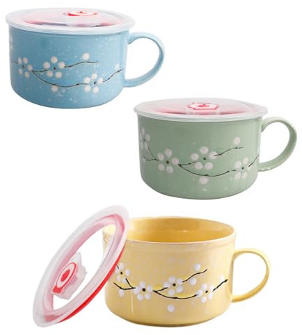 3 Pcs Floral Ceramic Bowl with Lid and Handle 30 Oz Ceramic Soup Bowls Heat Preservation Mug Soup Cup Cereal Noodle Microwavable Bowls for School Office Travel