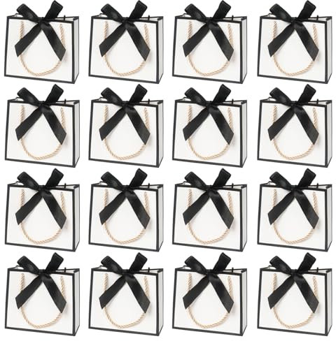 20 Stück Mini Geschenktüten mit Henkel, kleine weiß Geschenktüten Geschenktüten danke für Geburtstag Hochzeit(14× 6× 12cm), Schwarze Schleifen