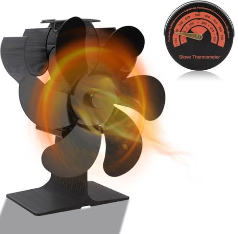 Ventola per stufa a legna, 6 pale, con termometro magnetico, ventola per stufa a legna alimentata a calore, per la circolazione del calore, funzionamento silenzioso, per stufe a legna, stufe a pellet,