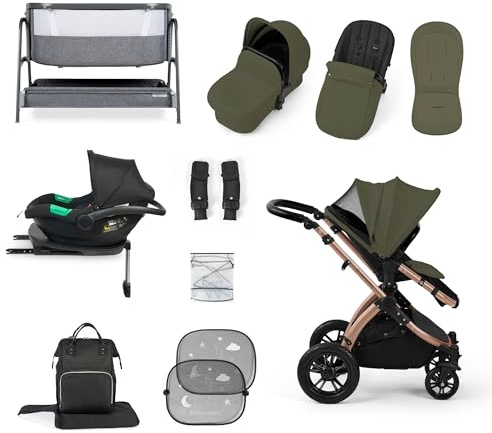 Ickle Bubba Stomp Luxe All-in-One I-Size Travel System with Isofix Base (Cirrus) and Bubba&Me Crib (Bronze/Woodland/Black)