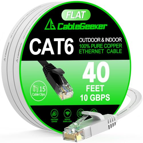 Cat 6 Ethernet Cable 40 ft, Indoor&Outdoor, High Speed 10Gbps Flat Internet Network Cable, Pure Copper Ethernet Patch Cable Long, Computer LAN Cable with Clips & Straps for Router, Modem, PS4/5, White