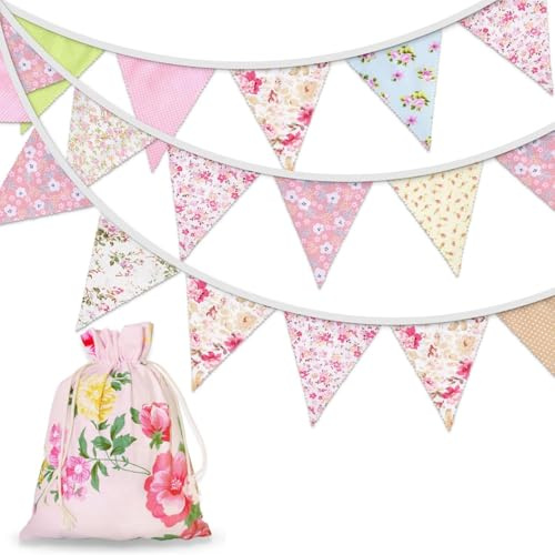 Orifinter Floral Bunting, 24PCS Mmothers Day Bunting, Reusable Vintage Banner Flags for Afternoon Tea, Garden Party, Birthday, Festival, Ve Day, Spring, Easter Decorations