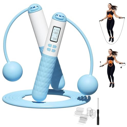 Cordes à sauter sans fil pour adultes, corde à sauter sans corde avec compteur, corde à sauter numérique intelligente avec corde supplémentaire, poignée antidérapante en silicone (bleu)